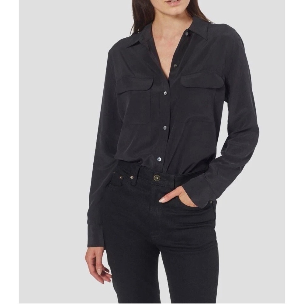 Equipment Silk Shirt Black Military Button Down Epaulette Blouse Small S